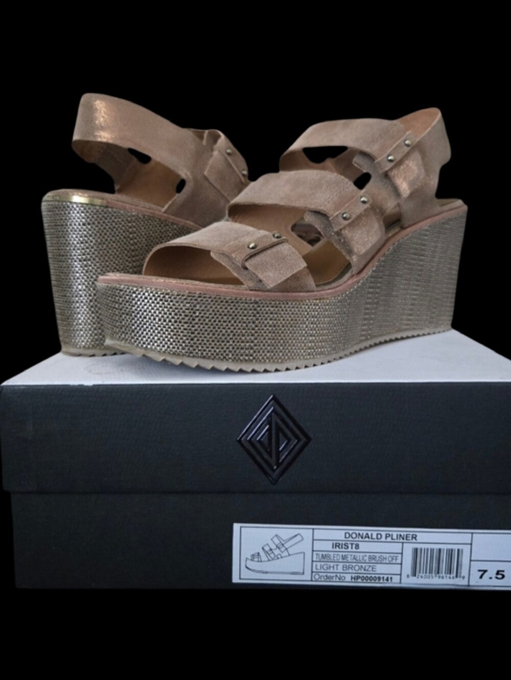 DONALD J PLINER "Iris" Metallic Light Bronze Leather Raffia Wedge Sandal Sz 7.5
